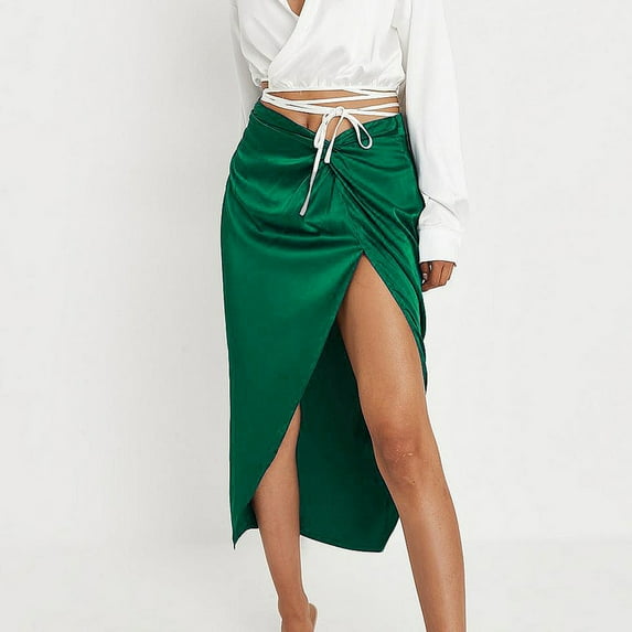 Homenesgenics Skirt for Women Plus Size Women's Casual Fashion Irregular Sexy Solid Satin Slit Zipper Pack Hip Skirt Green L