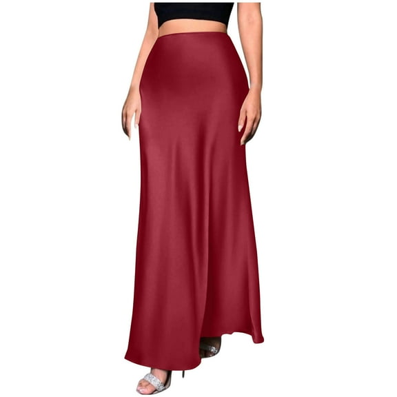 Homenesgenics Skirt for Women Plus Size Womens Fashion Solid Color A Character Satin Fabric invisible Zipper Half Length Skirt Red M