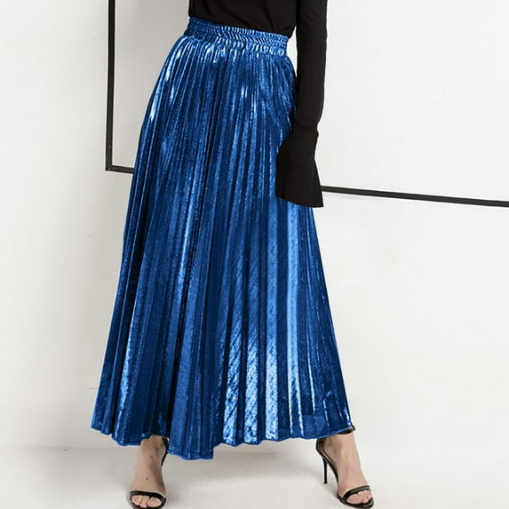 Homenesgenics Skirt for Women Plus Size Fashion Women Loose Casual High Waist Solid Long Ankle Pleated Skirt Blue XL