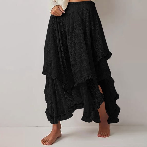 Homenesgenics Skirt for Women Plus Size Long Ladies Layered Lace Curtain Skirt Irregular Midi Skirt Lace Curtain Skirt Maxi Dress Black S