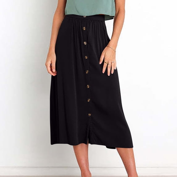 Homenesgenics Skirt for Women Plus Size Long Women's Summer Casual Fashion Solid Color Fold Button Pocket Elastic Waist Skirt Maxi Dress Black L
