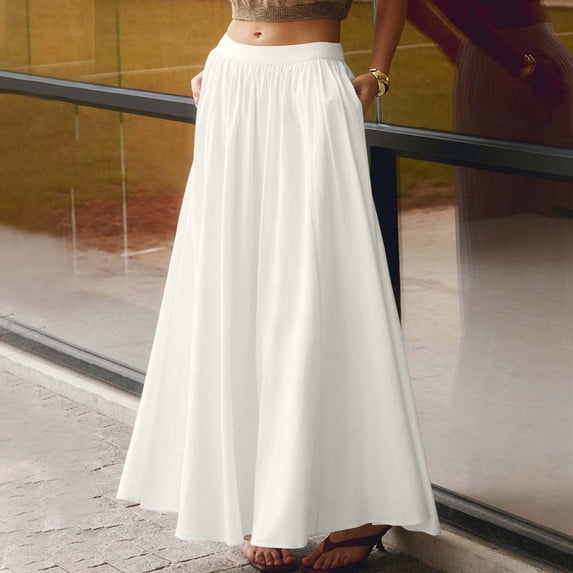 Homenesgenics Skirt for Women Plus Size Long Women's Summer Casual Fashion Solid Color Pocket Zipper Skirt Maxi Dress White M