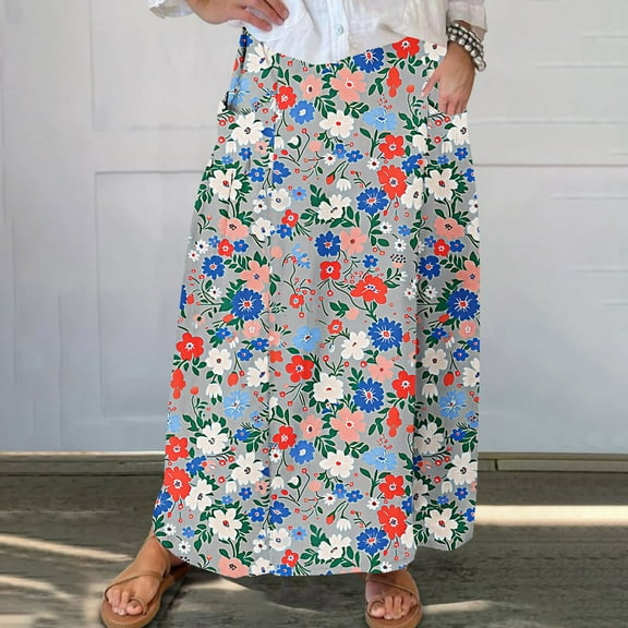 Homenesgenics Skirt for Women Short Women's Printed Elastic Waistband Pleated Pocket Skirt with Mid Calf Skirt Blue L