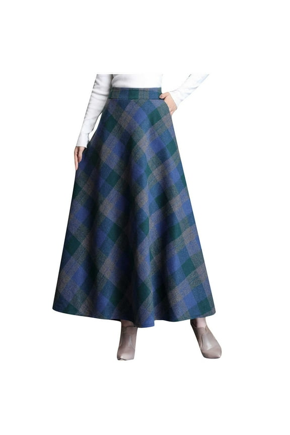 Spring Dresses for Women Holiday A-Line Maxi Flared Dress Retro Woolen Plaid Skirt, Winter Mid Length High Waisted Woolen Skirt, Long Skirt/Blue