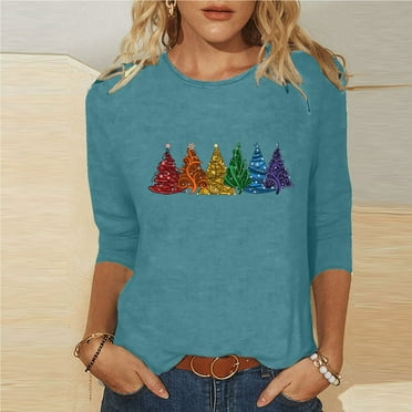 Homenesgenics Spring Tops for Women Long Sleeve Shirts Womens Plus Size Women's Spring Tops for Women Print Loose and Comfortable Round Neck 3/4 Sleeve T-Shirt Loose Top/Shirt Blue S