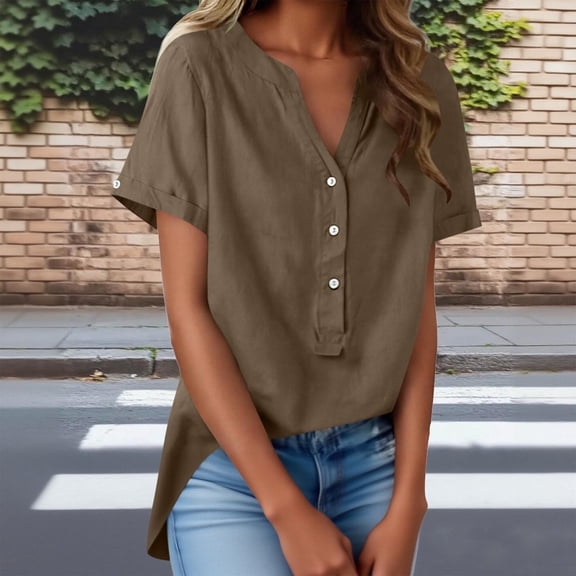 Homenesgenics Spring Tops for Women Plus Size 2026! Women's Linen inspired V-Neck Buttoned Half-Open Front Fashion Solid Color Short Sleeve T-Shirt Tops Brown L