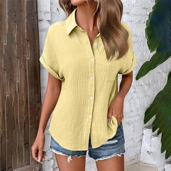 Homenesgenics Spring Tops for Women Plus Size 2026! Woman Fashion Solid Color Button Pocket Short Sleeve Turndown Collar Blouse Tops Yellow S