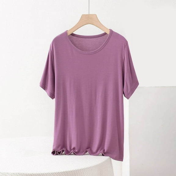 Homenesgenics Spring Tops for Women Plus Size 2026! Women's Fashion Oversize Casual Round Neck Solid Color Short Sleeve Round-Neck Blouse Purple XL