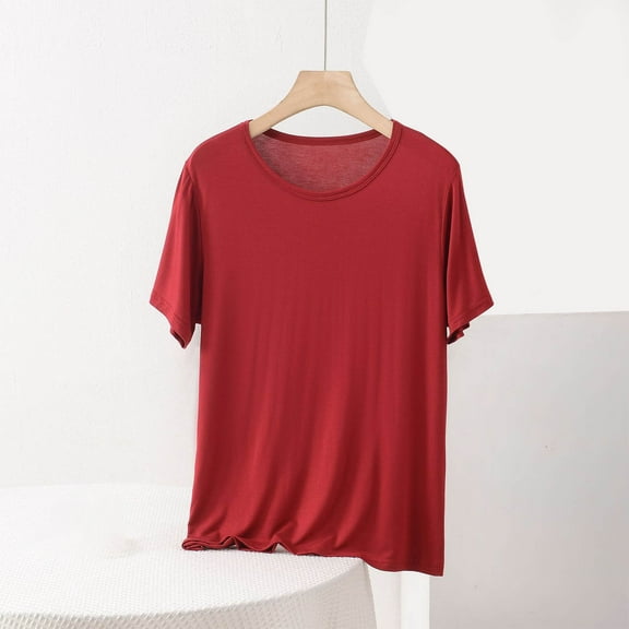 Homenesgenics Spring Tops for Women Plus Size 2026! Women's Fashion Oversize Casual Round Neck Solid Color Short Sleeve Round-Neck Blouse Red XXL
