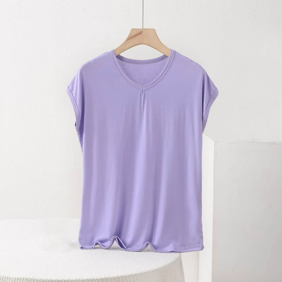 Homenesgenics Spring Tops for Women Plus Size 2026! Women's Fashion Oversize Casual Round Neck Solid Color Short Sleeve V-Neck Blouse Purple XXXL