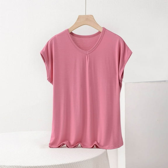 Homenesgenics Spring Tops for Women Plus Size 2026! Women's Fashion Oversize Casual Round Neck Solid Color Short Sleeve V-Neck Blouse Red XXXXXL