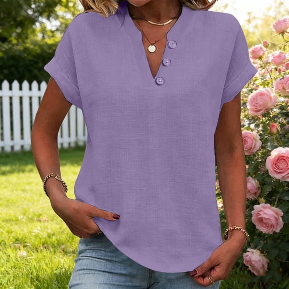Homenesgenics Spring Tops for Women Plus Size 2026! Women's Fashion Solid Button Shirt Female-Neck Loose T-Shirt Blouse Purple XL