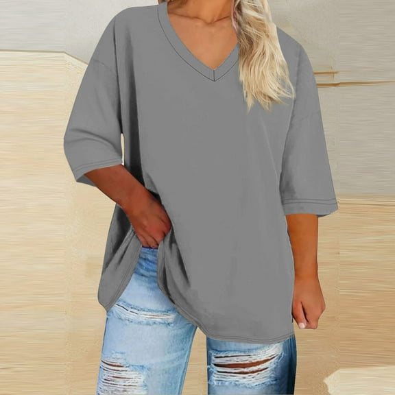 Homenesgenics Spring Tops for Women Plus Size 2026! Women's Oversized V-Neck Short Sleeved Solid Summer Base Shirt Sports T-Shirt Gray XXL