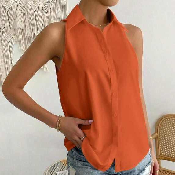 Homenesgenics Summer Womens Tops under $10 Womens Tops Plus Size Women's Casual Solid Color Sleeveless Button-up Tops Shirts Orange XXL