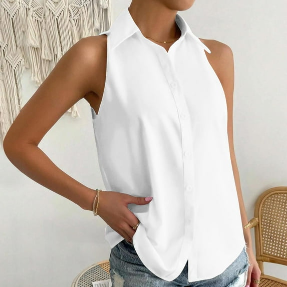 Homenesgenics Summer Clearance Womens Tops Clearance under $10 Womens Tops Plus Size Women's Casual Solid Color Sleeveless Button-up Tops Shirts White L