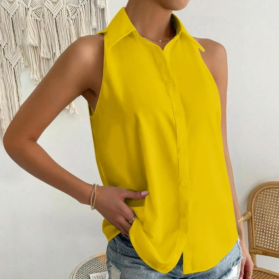 Homenesgenics Summer Womens Tops under $10 Womens Tops Plus Size Women's Casual Solid Color Sleeveless Button-up Tops Shirts Yellow L