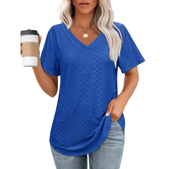Homenesgenics Summer Clearance Womens Tops Clearance under $10 Womens Tops Plus Size Women's Spring and Summer V- Neck Printed Casual Pullover with Short Sleeves Blue XXL