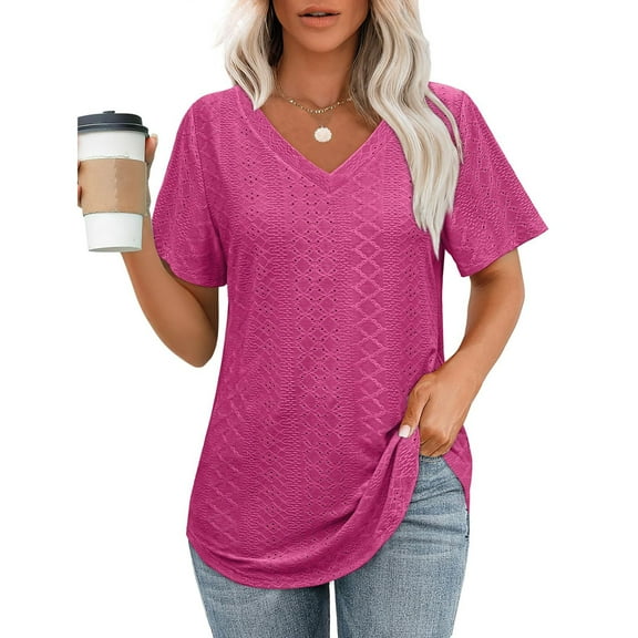 Homenesgenics Summer Womens Tops under $10 Womens Tops Plus Size Women's Spring and Summer V- Neck Printed Casual Pullover with Short Sleeves Pink XL