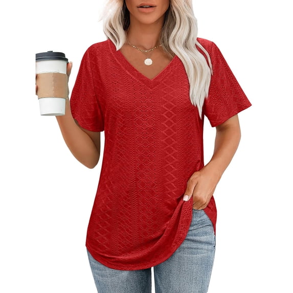 Homenesgenics Summer Clearance Womens Tops Clearance under $10 Womens Tops Plus Size Women's Spring and Summer V- Neck Printed Casual Pullover with Short Sleeves Red L