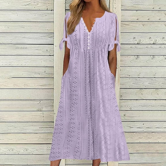 Homenesgenics Summer Dresses 2025 Fashion Women Spring Casual V-Neck Short Sleeve Button Long Dress for Holiday Purple S