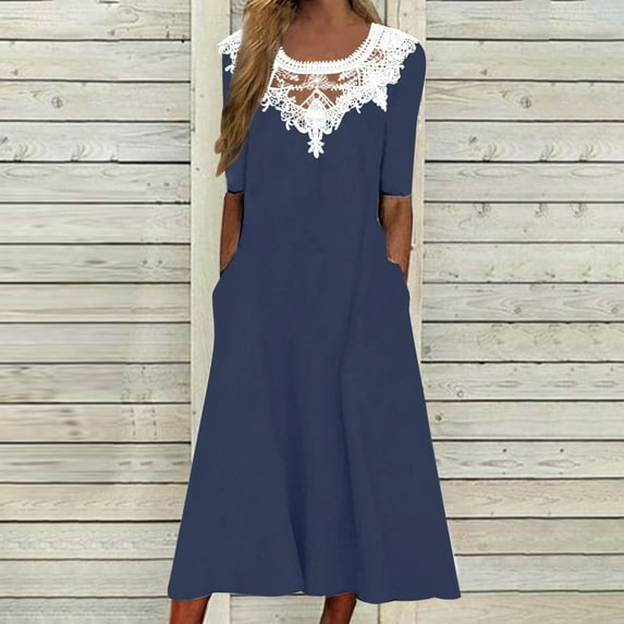 Homenesgenics Summer Dresses 2025 Fashion Women Spring Solid Color Causal Round Neck Short Sleeve Vacation Dress Blue L
