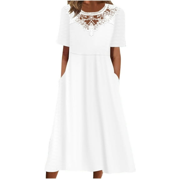 Homenesgenics Summer Dresses 2025 Fashion Women Spring Solid Color Causal Round Neck Short Sleeve Vacation Dress White L