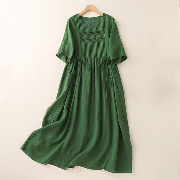 Homenesgenics Summer Dresses 2025 Solid Color Lace-up Organ Pleats Both Sides Loose Casual Half-sleeve Linen Dress Long Dress Green M