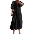 thumbnail image 1 of Homenesgenics Summer Dresses 2025 Women 5/4 Sleeved V-neck Solid Color Button Pleated Loose Casual Dress Black XXL, 1 of 6