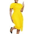 thumbnail image 1 of Homenesgenics Summer Dresses 2025 Women Flare Sleeve Solid Short Sleeved Round Neck Versatile Commuting Waist Retraction Wrap Buttocks Dress Yellow XL, 1 of 3
