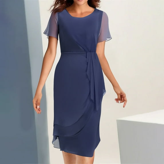 Homenesgenics Summer Dresses 2025 Women Sexy Solid Short Sleeve Round Neck Lace Mesh Waist Party Dresses Blue XL