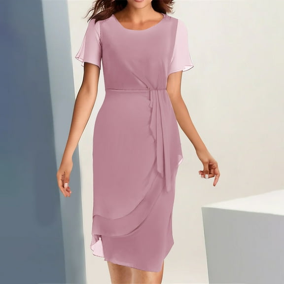 Homenesgenics Summer Dresses 2025 Women Sexy Solid Short Sleeve Round Neck Lace Mesh Waist Party Dresses Pink M