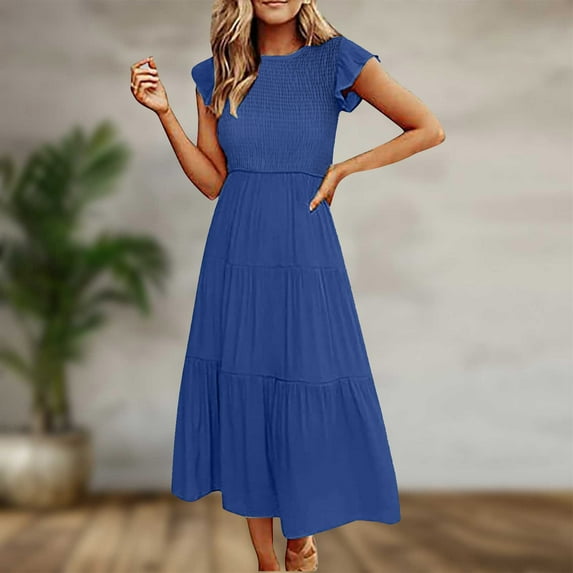 Homenesgenics Summer Dresses 2025 Women's Fashion Casual Round-Neck Short Sleeve Solid Color High Waist Dress Blue M
