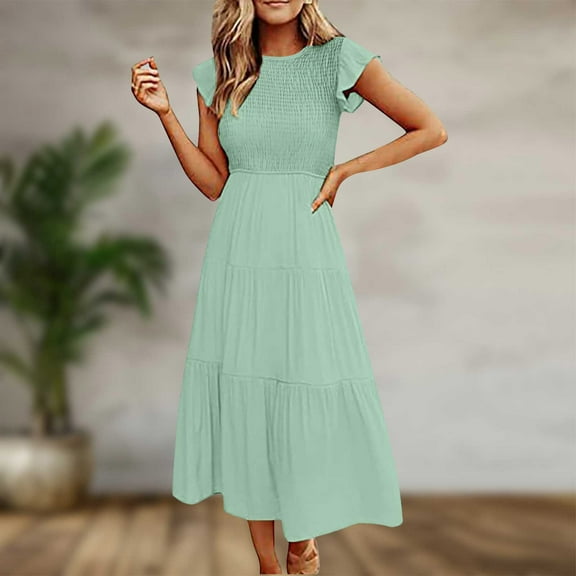Homenesgenics Summer Dresses 2025 Women's Fashion Casual Round-Neck Short Sleeve Solid Color High Waist Dress Green S