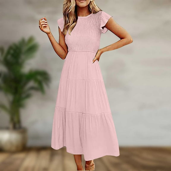 Homenesgenics Summer Dresses 2025 Women's Fashion Casual Round-Neck Short Sleeve Solid Color High Waist Dress Pink M