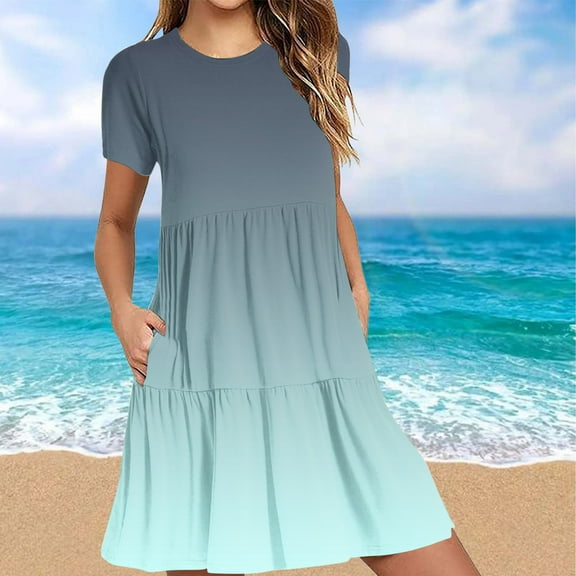 Homenesgenics Summer Dresses 2025 Women's Spring Casual Short Sleeve T Shirt Dress Tiered Mini Dresses With Pockets Blue XL