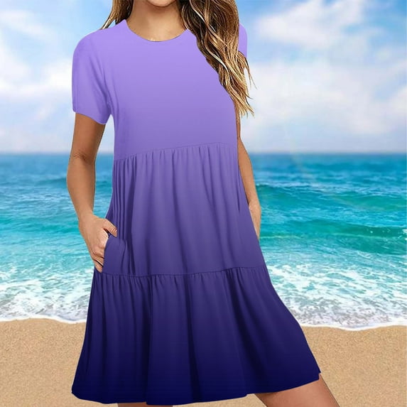 Homenesgenics Summer Dresses 2025 Women's Spring Casual Short Sleeve T Shirt Dress Tiered Mini Dresses With Pockets Purple XL