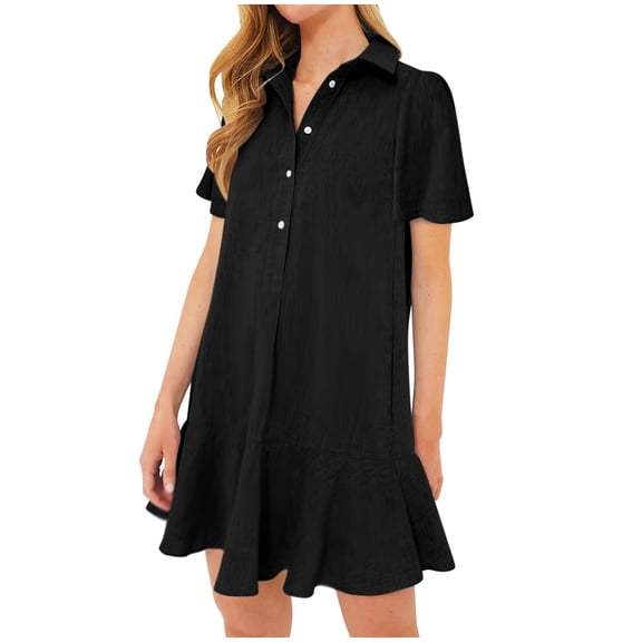 Homenesgenics Summer Dresses 2025 Women's Spring Solid Color Lapel Short Sleeved Buttoned Open Chest Pleated Ruffled Dress Short Skirt Black XL