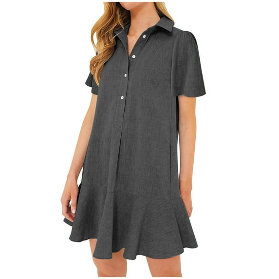 Homenesgenics Summer Dresses 2025 Women's Spring Solid Color Lapel Short Sleeved Buttoned Open Chest Pleated Ruffled Dress Short Skirt Gray S