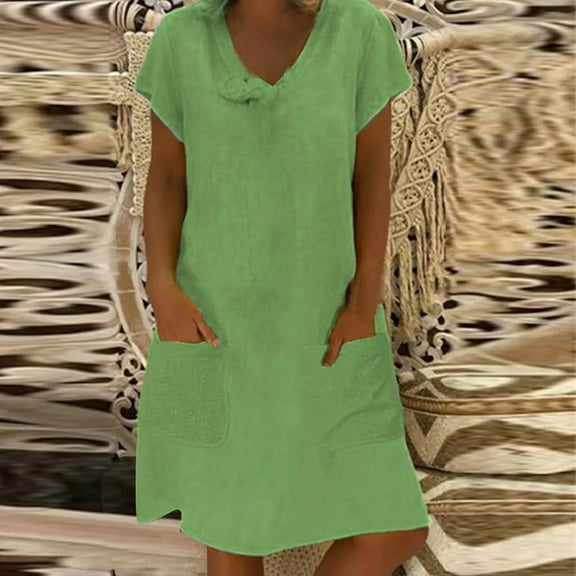 Homenesgenics Summer Dresses 2025 Womens Spring V-Neck Cotton And Linen Casual Pocket Short Sleeved Dress Green S