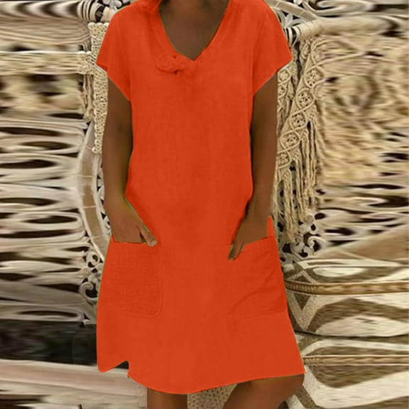 Homenesgenics Summer Dresses 2025 Womens Spring V-Neck Cotton And Linen Casual Pocket Short Sleeved Dress Pink XL