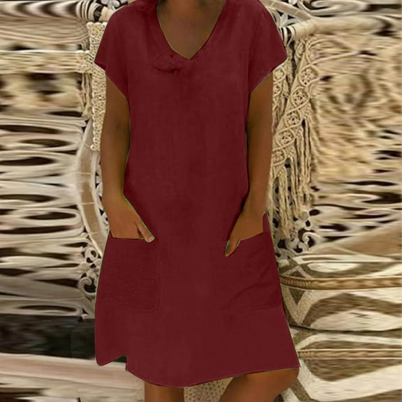 Homenesgenics Summer Dresses 2025 Womens Spring V-Neck Cotton And Linen Casual Pocket Short Sleeved Dress Red S