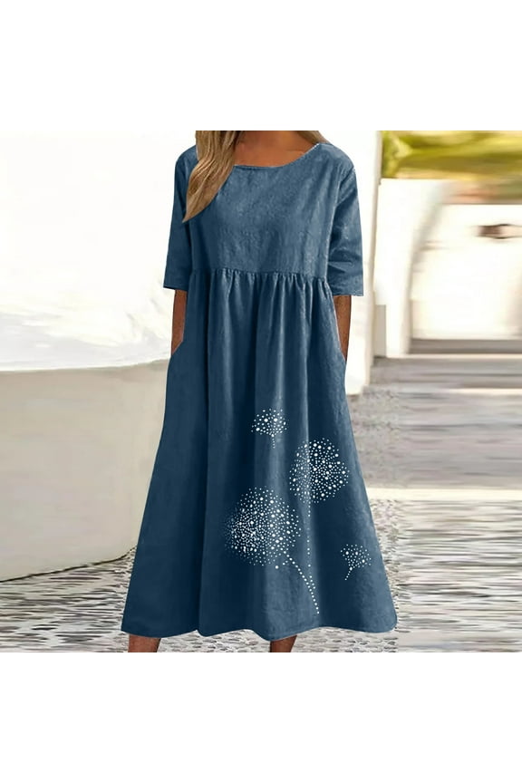 Summer Dresses for Women under $10 Free Shipping Cotton Dresses for Women,2026 Spring Summer Casual Loose Short Sleeve Midi Dress,Trendy Elegant Plain Beach Dress