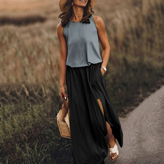 Homenesgenics Summer Dresses for Women under $10 Free Shipping Ladylike Fashion Women's Sexy Summer Casual Sleeveless Round Neck Printing fork Opening Dress