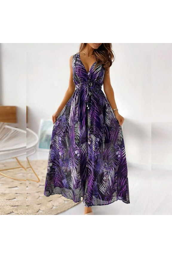 Summer Dresses for Women under $10 Free Shipping Women's Fashion Bohemian V-Neck Loose Sleeveless Print Ankle-Length Dress Purple L