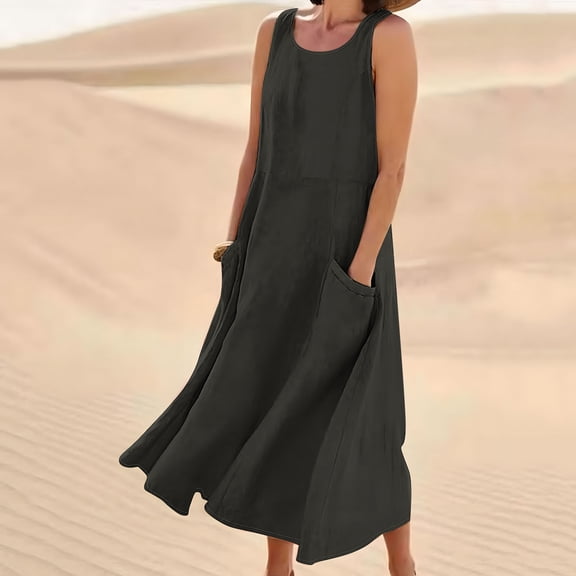 Homenesgenics Summer Dresses for Women under $10 Free Shipping Women's Sleeveless And Linen Round Neck Solid Color Long Dress With Pocket Gray M