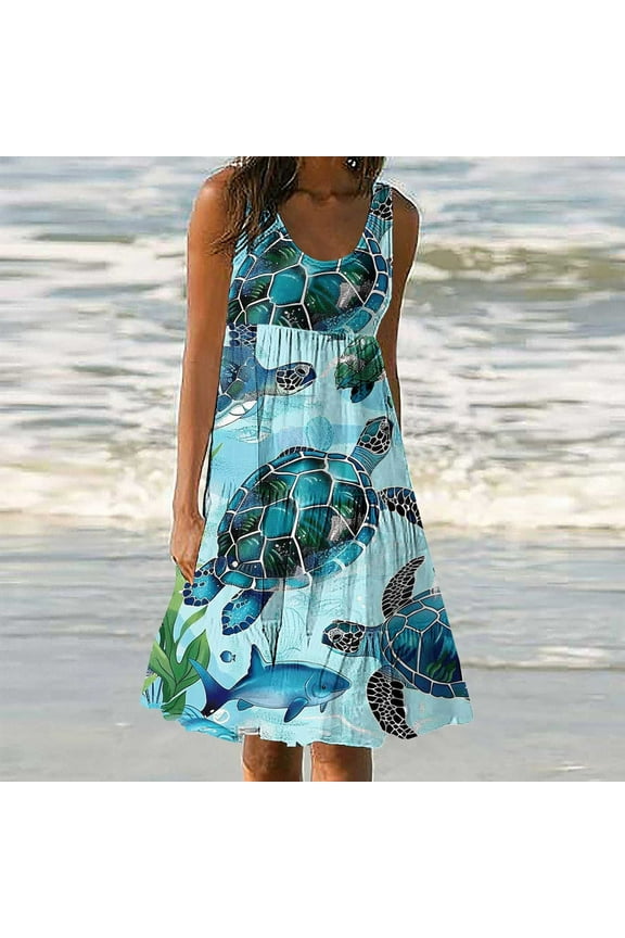 Summer Dresses for Women under $10 Free Shipping Womens Fashion Holiday Summer Casual Printing Sleeveless Party Beach Loose Dress Green XL