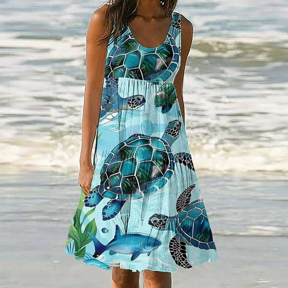 Homenesgenics Summer Dresses for Women under $10 Free Shipping Womens Fashion Holiday Summer Casual Printing Sleeveless Party Beach Loose Dress Green XXL