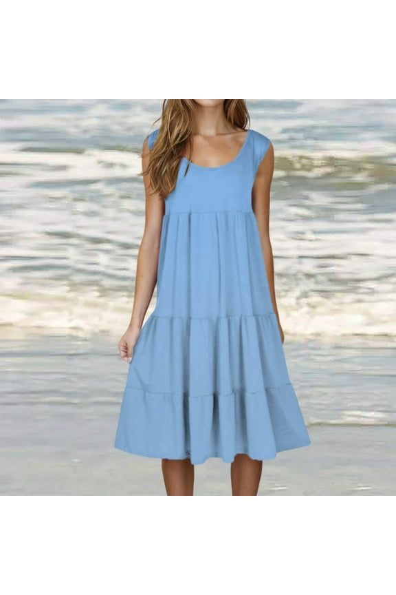 Summer Dresses for Women under $10 Free Shipping Womens Fashion Holiday Summer Solid Color Sleeveless Party Beach Dress Blue XXL