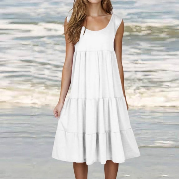 Homenesgenics Summer Dresses for Women under $10 Free Shipping Womens Fashion Holiday Summer Solid Color Sleeveless Party Beach Dress White XL