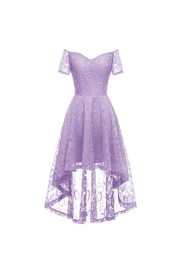 Summer Dresses for Women under $10 Ladies Vintage Princess Floral Lace Cocktail Dress off Shoulder Party Wedding Dress formal Dress Purple S